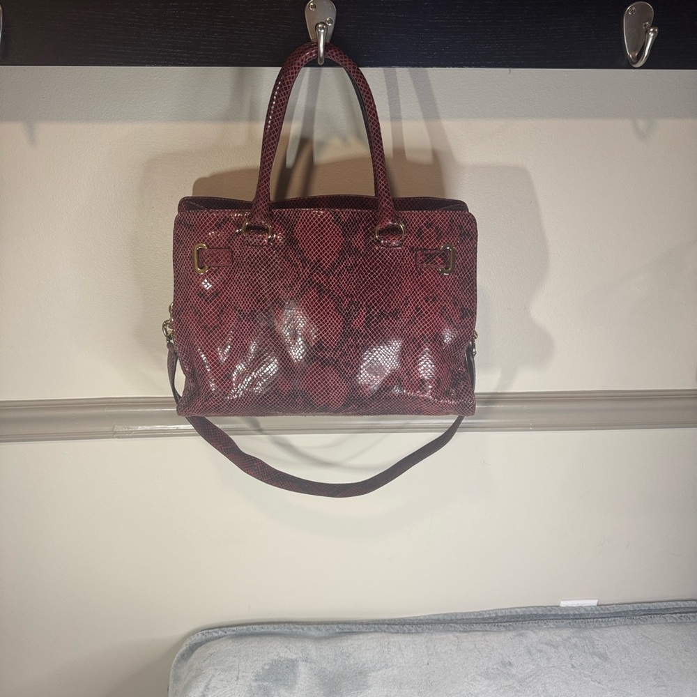 Michael Kors Large Red & Black Python Embossed Leather Satchel - Gold HW - Picture 4 of 16